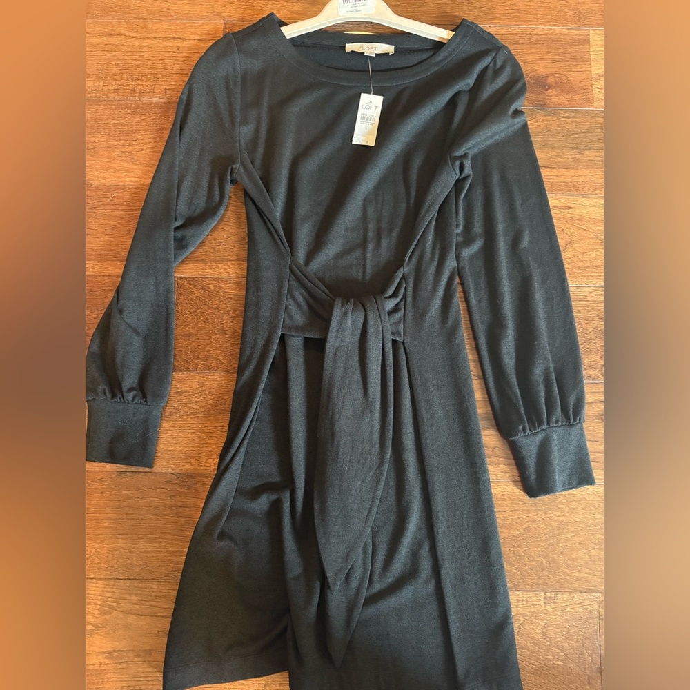 NWT LOFT Black Long-Sleeve Tie-Front Dress